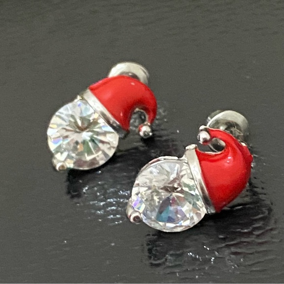 Adorable Enamel Santa Claus Hat Clear CZ Rhinestones Stud Earrings - Picture 9 of 11